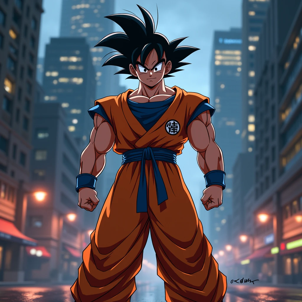 Draw Goku smiling at the viewer, in a dark city