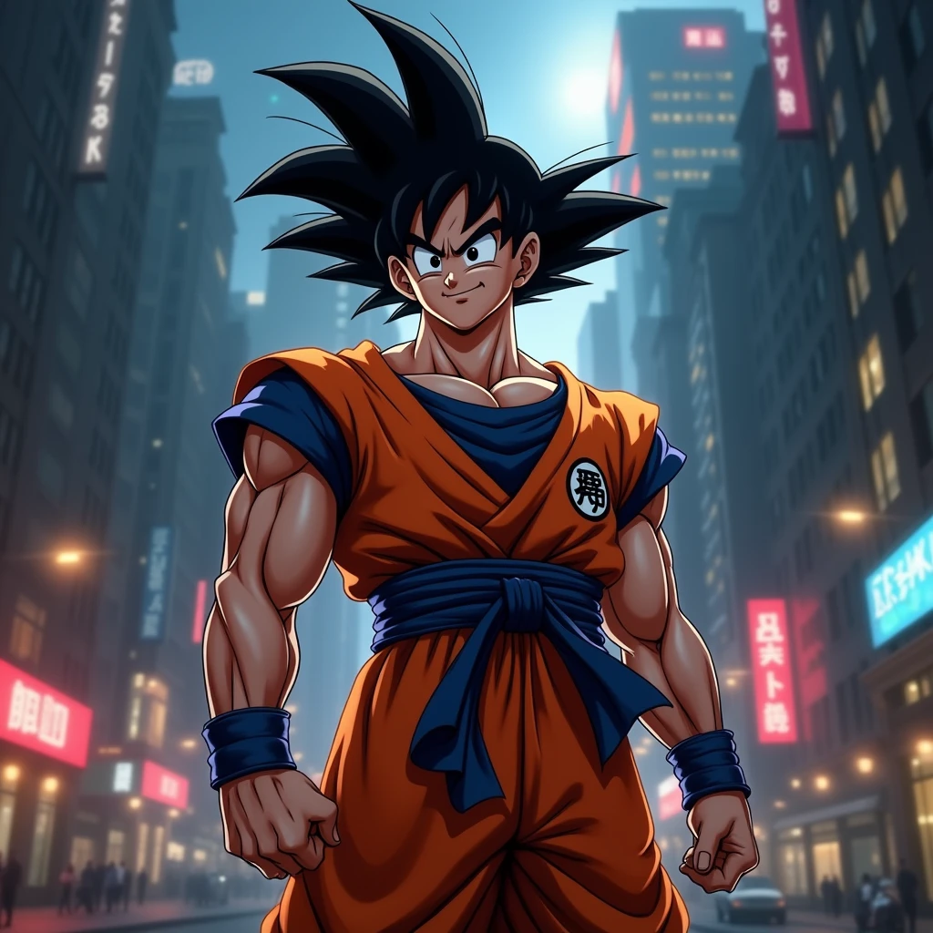 Draw Goku smiling at the viewer, in a dark city
