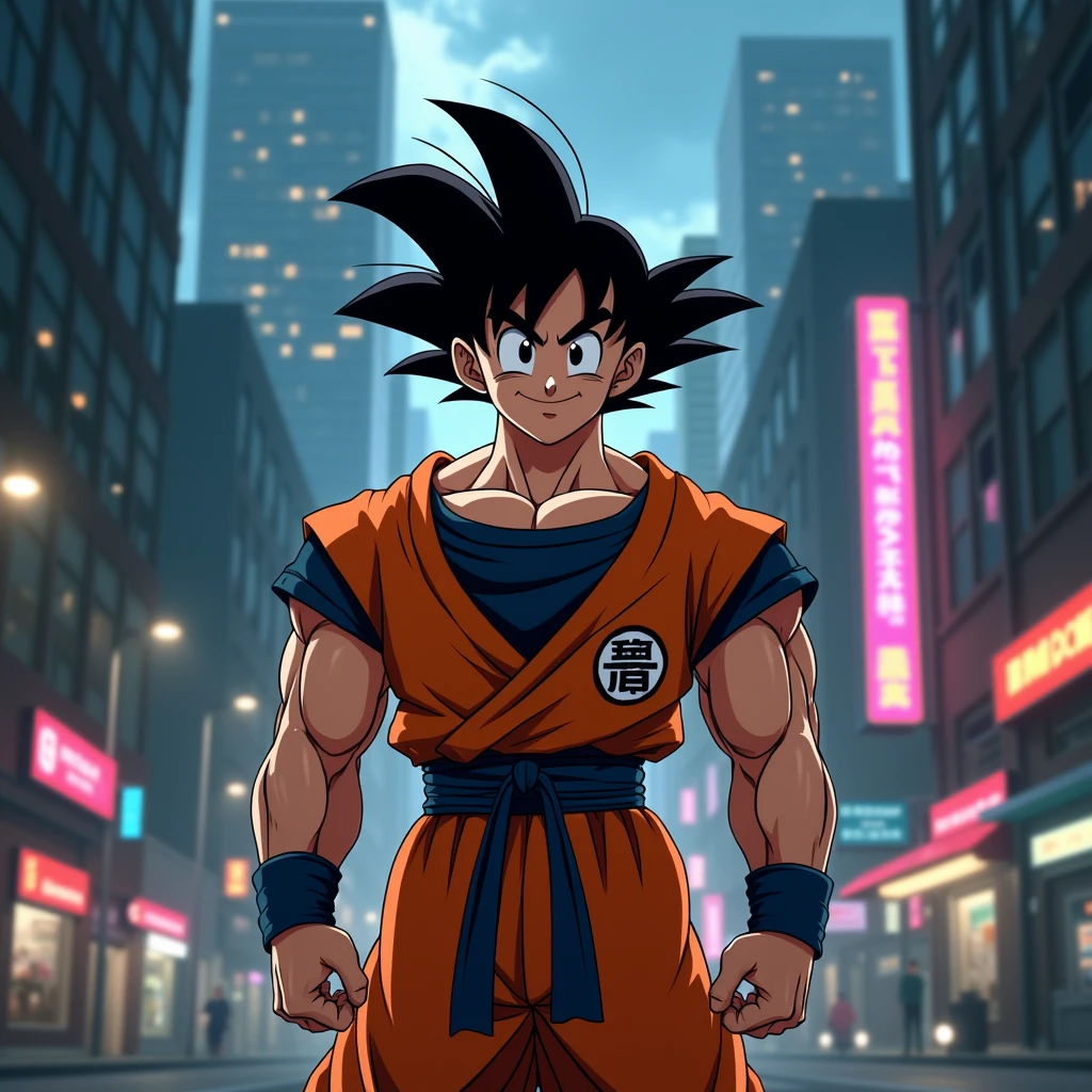 Draw Goku smiling at the viewer, in a dark city