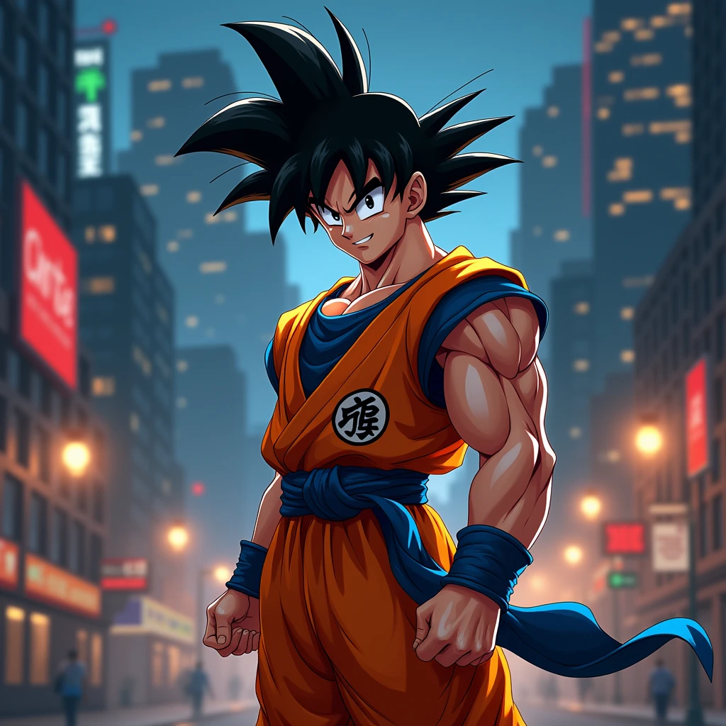 Draw Goku smiling at the viewer, in a dark city