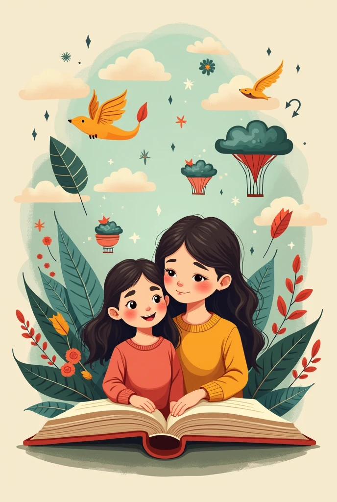 Create me a logo of an open book from which images of fairy tales and fantasy emerge and behind the book there is a mother with her  daughter (stile cartone per bimbi) (people should be as cute as possible, they shouldn&#39;t be scary, and it has to be very cardboard-like 