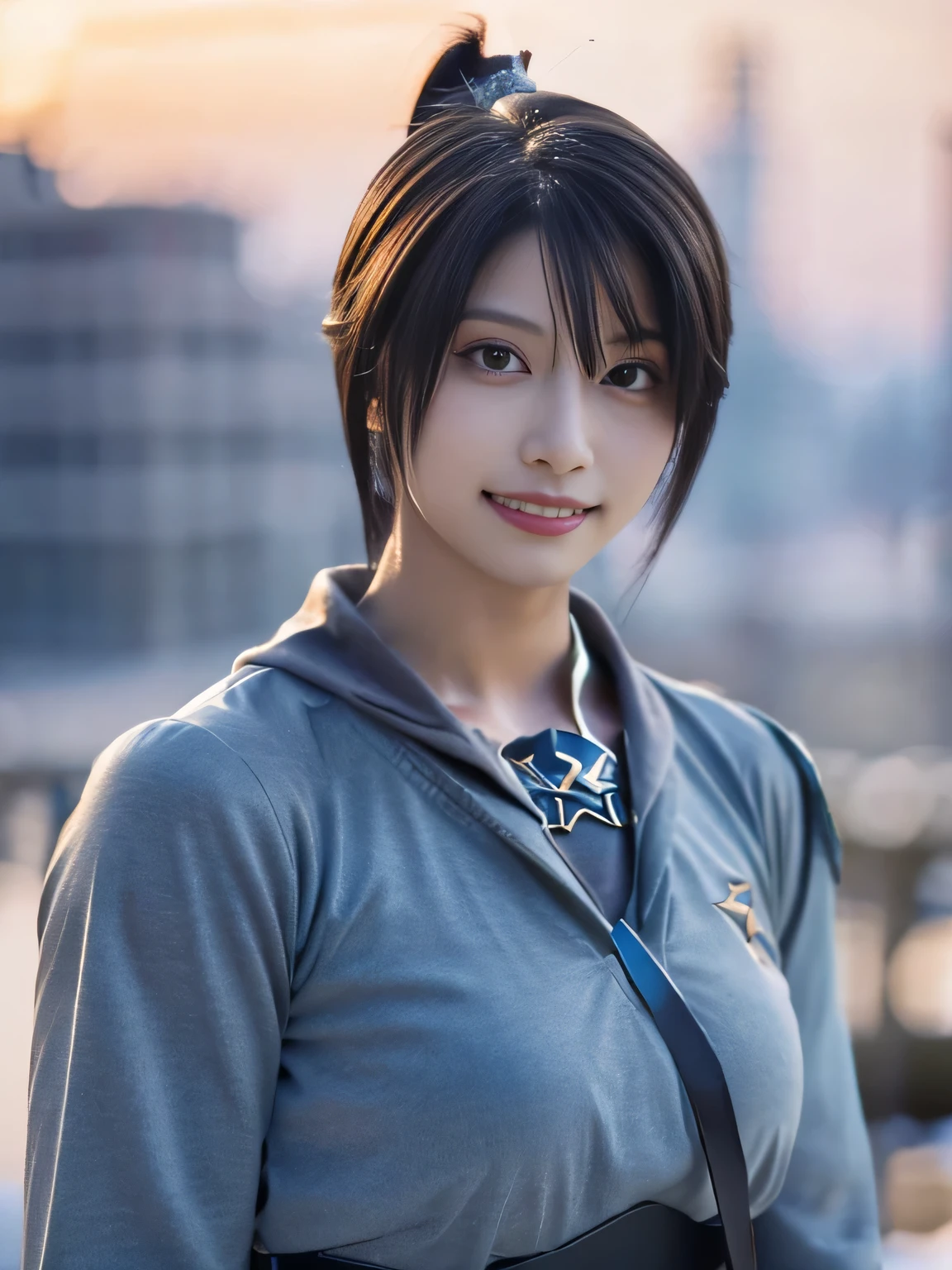 20 year old Japanese beauty,One woman、Muscular body like a bodybuilder、Emphasize the breasts、Slit eyes、A head-to-toe view,Bust is very very large、The background is a snowy country、High quality photos、Clear, crisp images of the lower body、Masterpiece 8k、Smiling、Throwing a shuriken with the right hand、From the front, from the side, from the back, etc.々from what camera angle to shoot、Light blue ninja costume