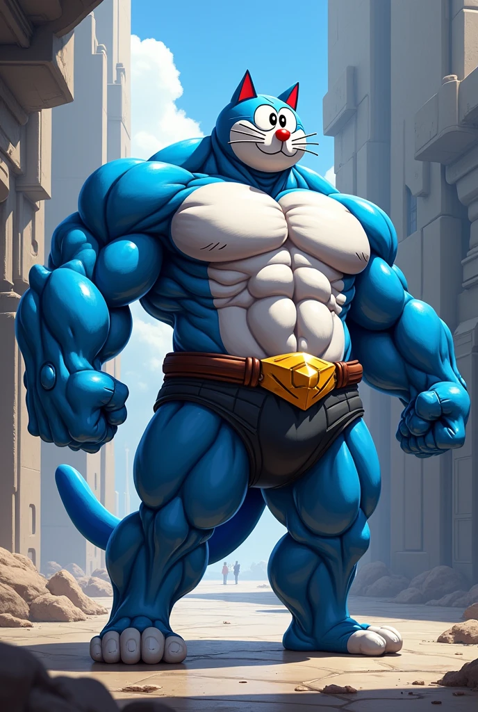 furry growth, hyper growth, hyper muscles,, a cat, cute, blue cat, shirtless, blue shorts, muscular, on a black background,