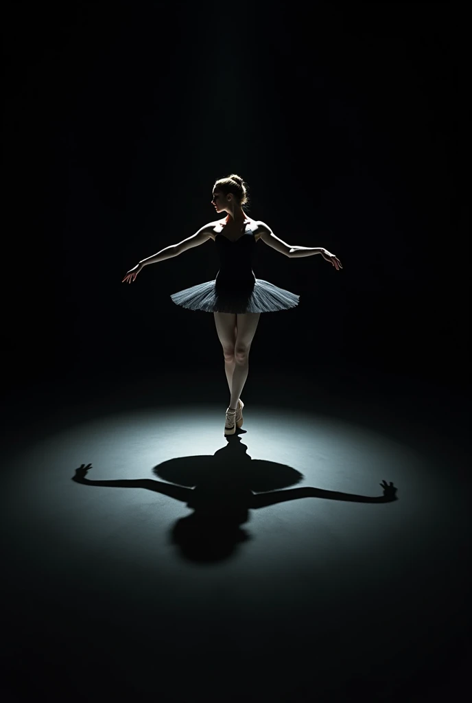 a female figure, in a ballet pose, on a completely black background. The light that falls on it projects a shadow on the floor that transforms into the silhouette of a swan with its wings open. The contrast between the illuminated figure and the dark background is striking.. her clothes are black THE SWAN ON THE GROUND, AS IF IT WAS HER SHADOW
