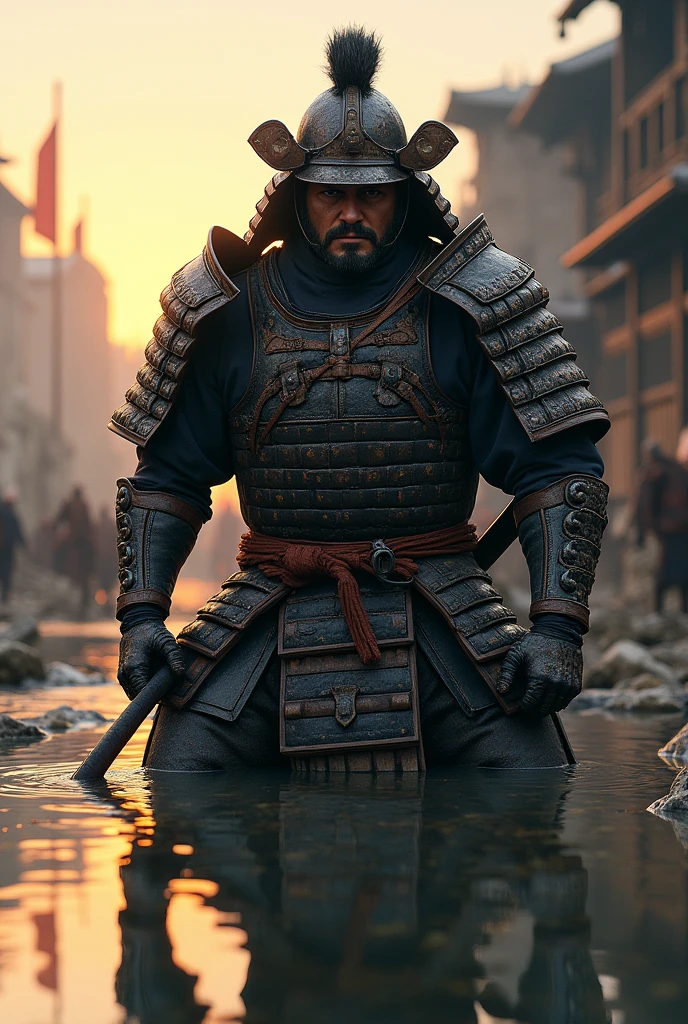Absurd, High resolution, Super detailed, beautiful, masterpiece, Highest quality、水面に光がreflectionしている、reflection、Realな質感、Realistic、Real、Realistic、Blur、samurai、armor、Japanese sword、Fight、Combat Ready、anger、war、Broken Building、horse、inflammation、scratch、Focus on the face、battlefield、