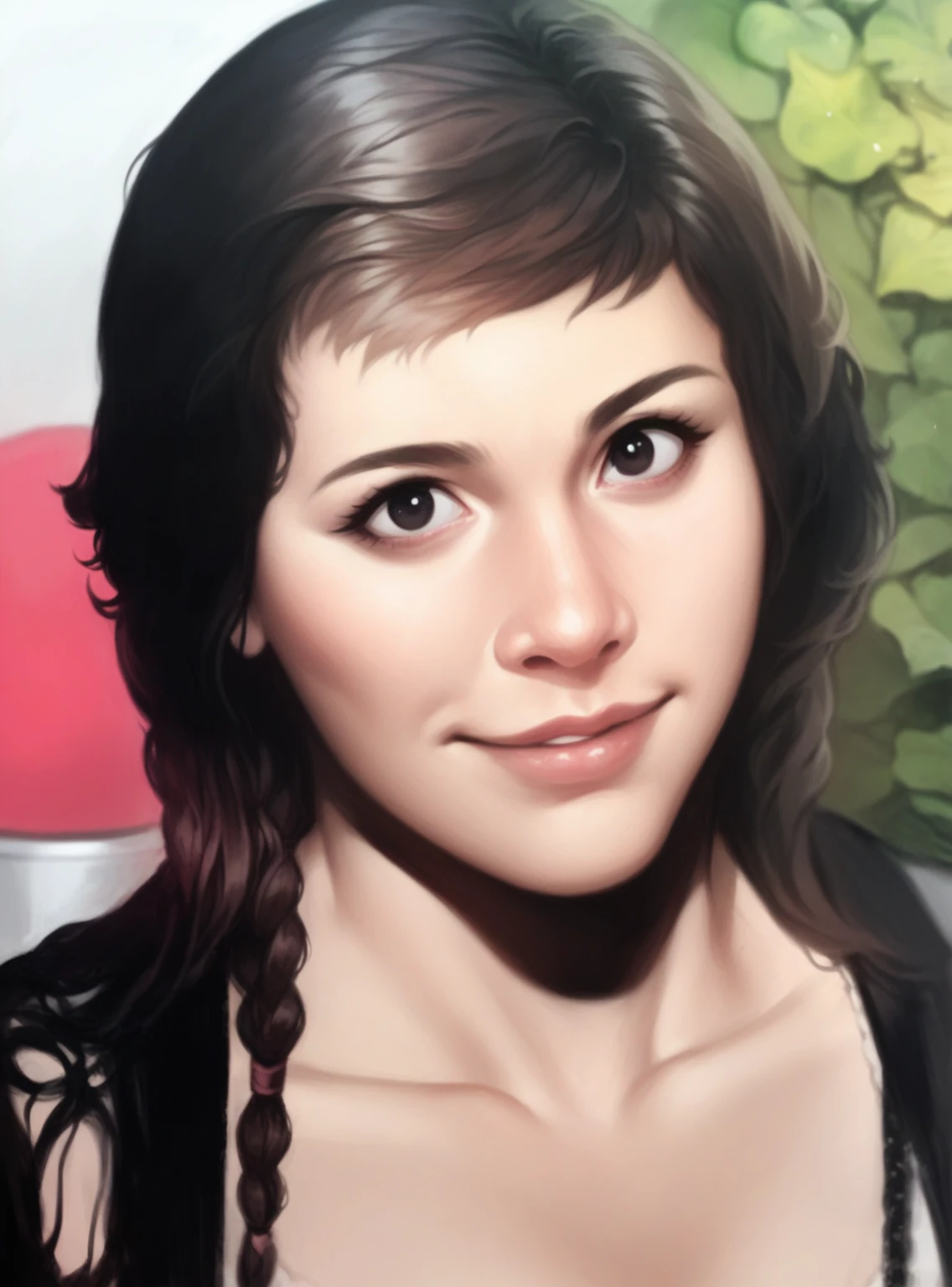 A close-up portrait photograph of a young woman with a calm expression, featuring a gentle smile and large, round black eyes accentuated by prominent eyeliner. Her dark brown hair is styled with a side braid falling over her right shoulder, framing her face and adding texture to the image. The subject is looking directly at the camera with a slight tilt to the right. She has fair skin tone and is wearing a black lace top with intricate patterns on the shoulders, revealing a deep neckline and a hint of a white inner garment. The lighting is soft and even, highlighting her facial features without casting harsh shadows and creating a natural glow on her face. The background is blurred, with a mix of green foliage on the right side and a pink object visible on the left, suggesting an outdoor or garden setting. The composition centers the subject's face, creating a balanced and appealing portrait with a shallow depth of field that keeps the focus on the subject's facial features and attire.