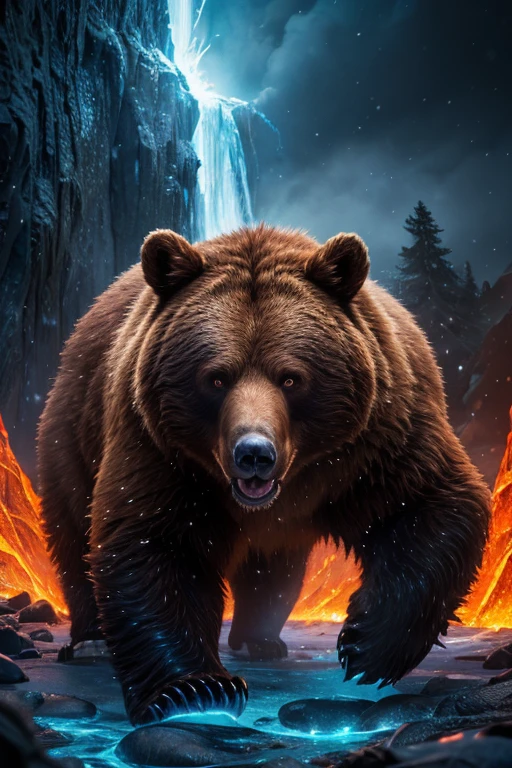  ( perfect anatomy ) a mythical brown bear, fur of ice, spreading winter, claws forzen, prowling through chaos, ethereal and divine, photorealistic, 8k, hyper detailed, dramatic lighting, vibrant colors, surreal and abstract, acrtic holographic effects, dynamic movement(Open your big glowing jaws) Bear knight, Bear knight armor, In a lava field, lava 