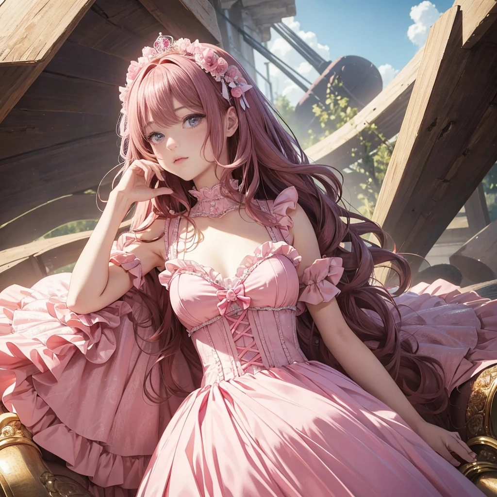 Highest quality, masterpiece, Highest Resolution, artwork, super それにGet used to it, many Get used to it, Get used to it, それにGet used to it, woman, ,((Pink Victorian Voluminous Ball Gown Dress)),Long dress,A dress with lots of frills and ribbons..wears a tiara on her head,luxury,One person, Pink brown hair,Pink Eyes