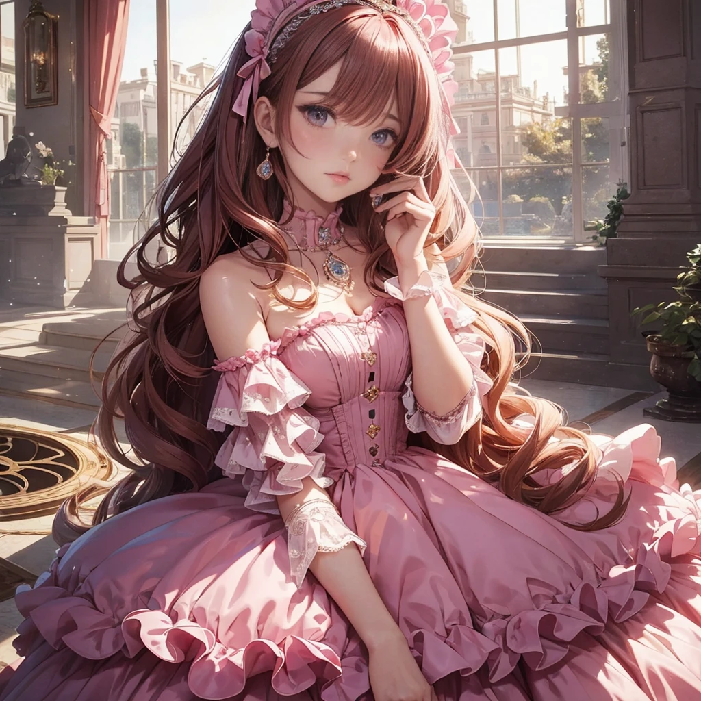 Highest quality, masterpiece, Highest Resolution, artwork, super それにGet used to it, many Get used to it, Get used to it, それにGet used to it, woman, ,((Pink Victorian Voluminous Ball Gown Dress)),Long dress,A dress with lots of frills and ribbons..wears a tiara on her head,luxury,One person, Pink brown hair,Pink Eyes