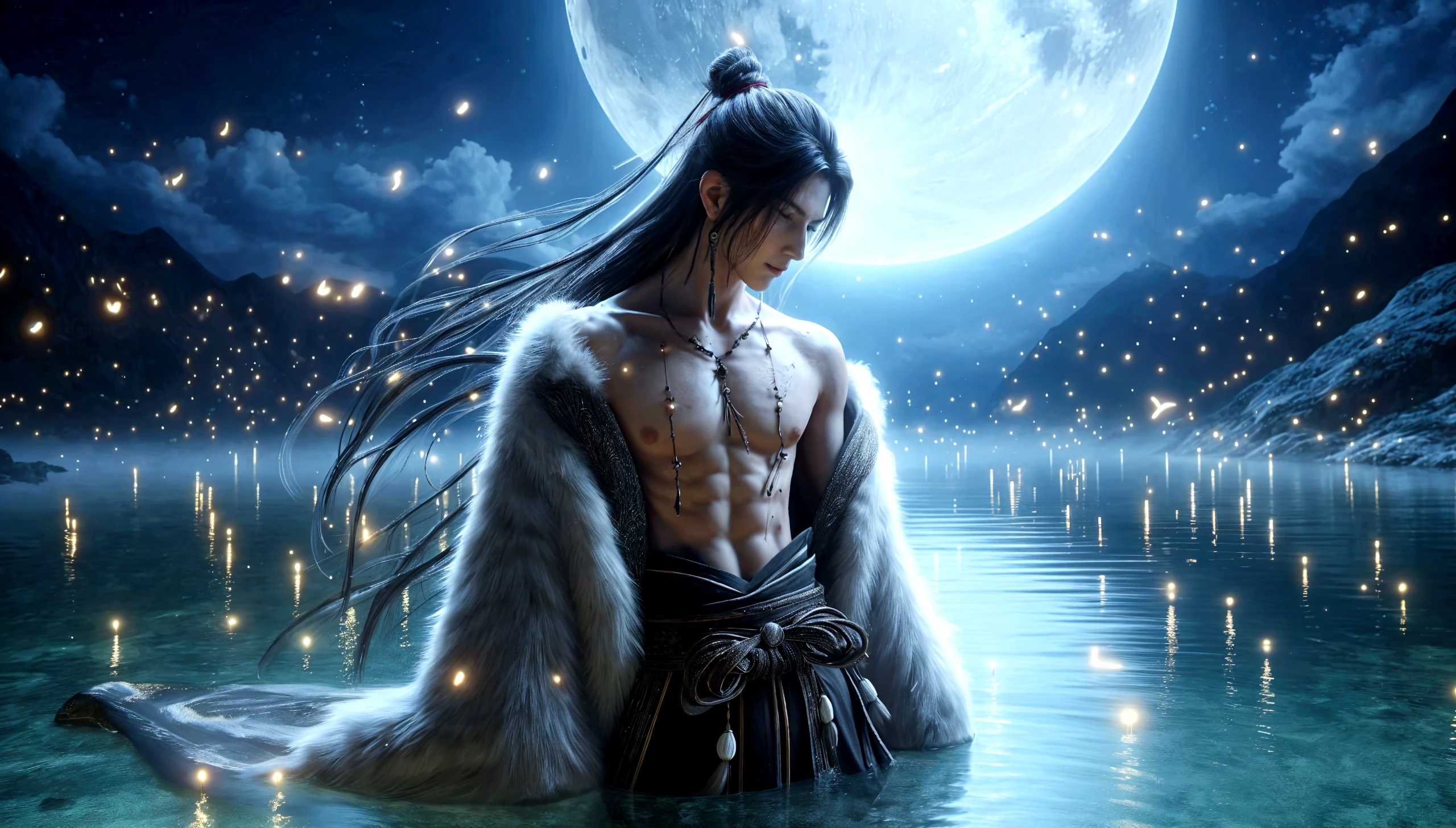 hyper realistic, Masterpiece, detailed, 8k, a delicate and graceful full body image of a young handsome shirtless ancient Japanese male, long silver tied hair, soaking in a crystals clear lake with fireflies behind, night view with full moon, fantasy world, wearing fur cape