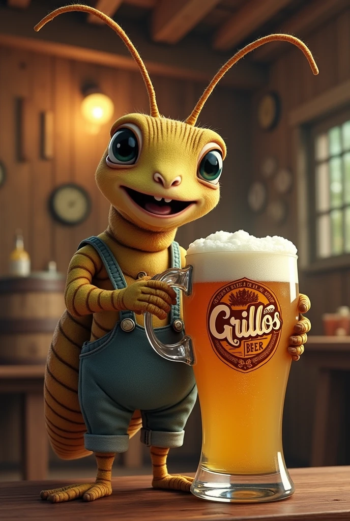 I want you to make a cricket drinking beer with a logo that says Grillo's Beer