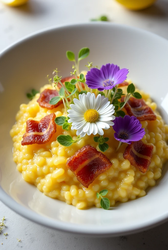 Treatment with an open white dish. Inside it will be a creamy Sicilian lemon risotto. On the edges of the risotto, Crispy chopped bacon around the risotto. And on top as decoration alfalfa sprouts, 1 white daisy and 1 medium velvety purple flower 
