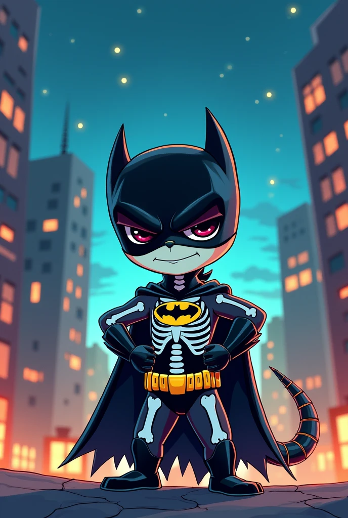 Godzilla as a skeleton dressed as Batman in chibi style