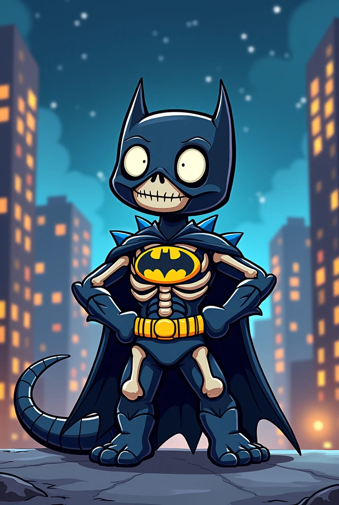 Godzilla as a skeleton dressed as Batman in chibi style
