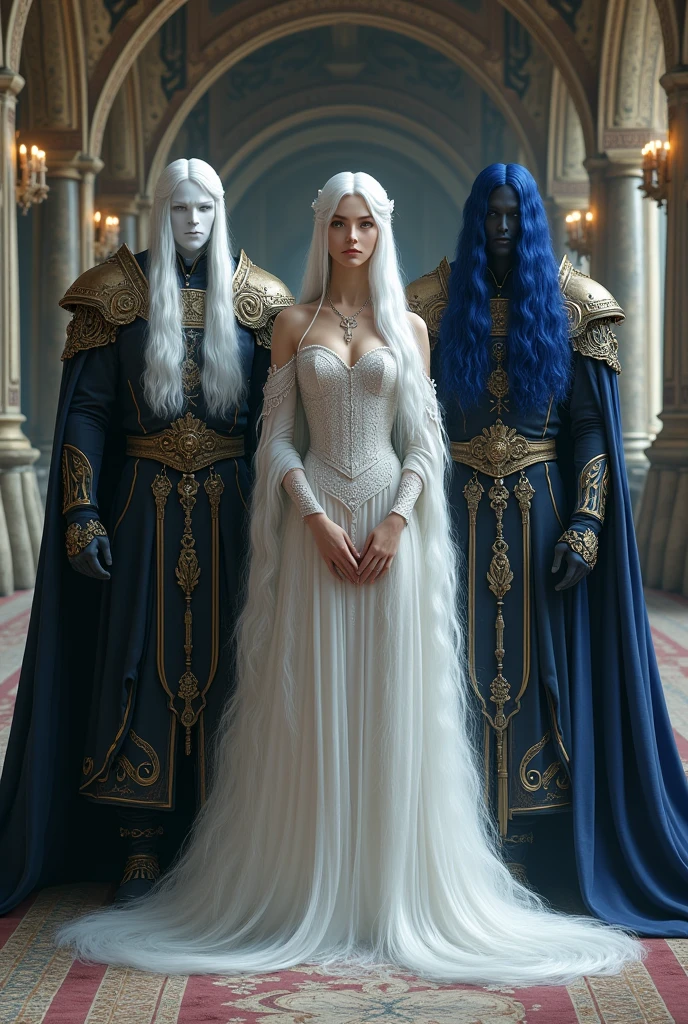 Draw a white-haired princess, to her right a muscular guard with white skin and black hair, and to her left a guard with white skin and midnight blue hair.