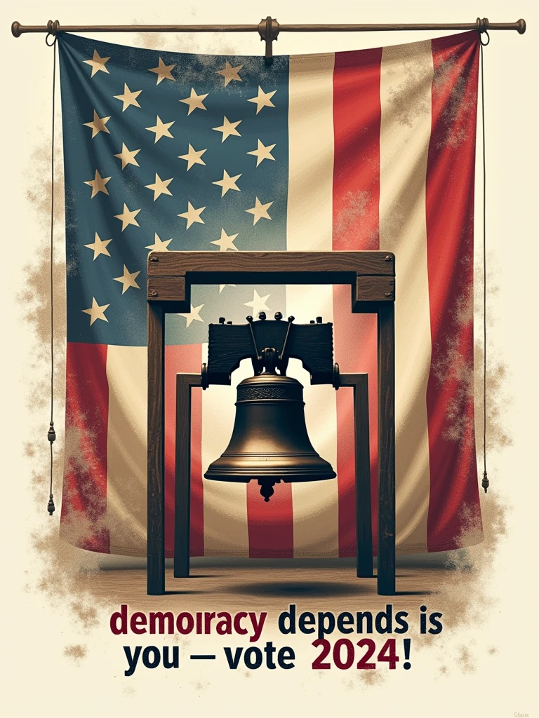 Create an image featuring the phrase "Democracy Depends on You—Vote 2024!" Center the words over a vintage-style American flag. Incorporate elements like an old-fashioned voting booth and the Liberty Bell to evoke a sense of historical importance. Use sepia tones mixed with patriotic colors to give the image a timeless, yet urgent feel. on white background.