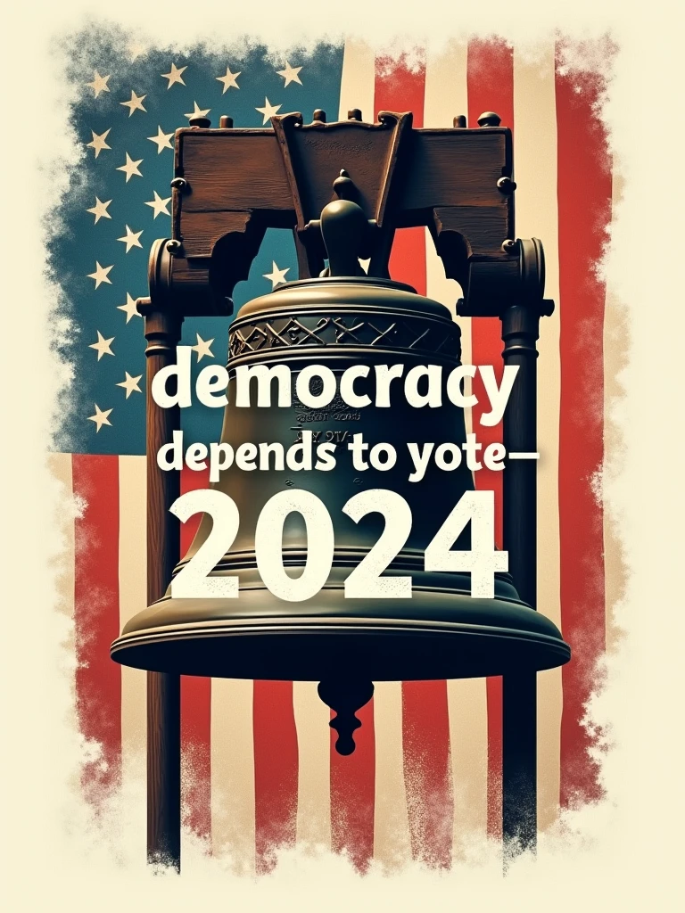 Create an image featuring the phrase "Democracy Depends on You—Vote 2024!" Center the words over a vintage-style American flag. Incorporate elements like an old-fashioned voting booth and the Liberty Bell to evoke a sense of historical importance. Use sepia tones mixed with patriotic colors to give the image a timeless, yet urgent feel. on white background.