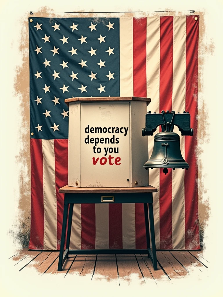 Create an image featuring the phrase "Democracy Depends on You—Vote 2024!" Center the words over a vintage-style American flag. Incorporate elements like an old-fashioned voting booth and the Liberty Bell to evoke a sense of historical importance. Use sepia tones mixed with patriotic colors to give the image a timeless, yet urgent feel. on white background.