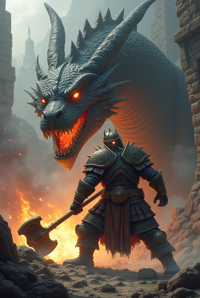 With a swift and powerful blow from the Iron Flame, the dwarf King Thrain strikes a decisive blow, slaying the dragon and restoring peace. The story of this victory echoes through the ages, immortalizing the dwarves of Ferrogrim as fearless warriors and legendary blacksmiths.