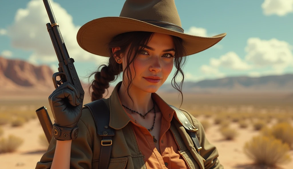 Stock image of a man with a hat and a gun, New Vegas style, post - apocalyptic cowgirl, post - apocalyptic cowboy, sheriff woman, in the nuclear wasteland, portrait of a female ranger, Fallout New Vegas, female main character, Robust male ranger, male character, female character, farmer, female cowgirl, Detailed Fallout NPC! Angle elevation