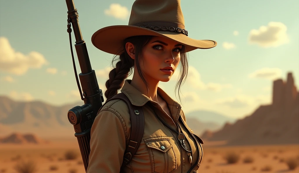 Stock image of a man with a hat and a gun, New Vegas style, post - apocalyptic cowgirl, post - apocalyptic cowboy, sheriff woman, in the nuclear wasteland, portrait of a female ranger, Fallout New Vegas, female main character, Robust male ranger, male character, female character, farmer, female cowgirl, Detailed Fallout NPC! Angle elevation