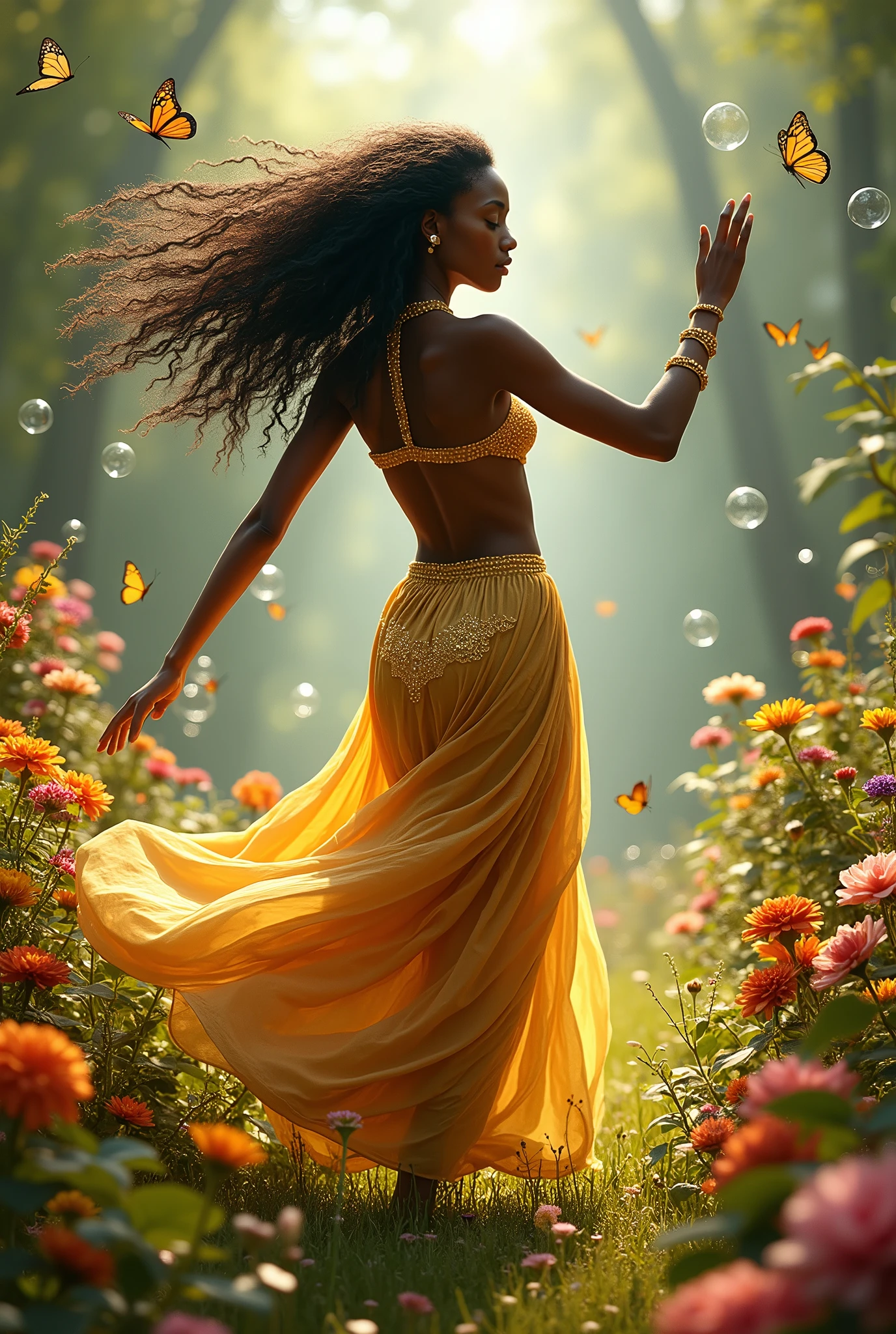 a black woman dressed in gold, danced surrounded by beautiful flowers and butterflies as well as bubbles; she has long hair around her, There are beautiful plants in harmony with very bright colors