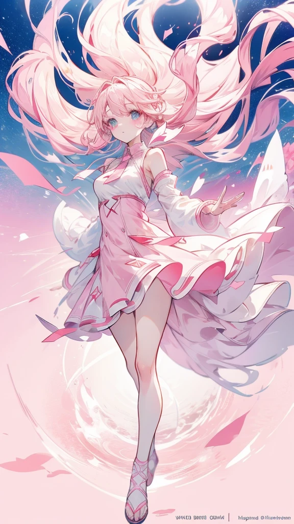 Full body illustration, anime character with, pink and white dress, blone hair, blonde, warm tone, (wind), tie hair on both sides (long), hair floating up, bright, lightning, winner pixiv contest, 