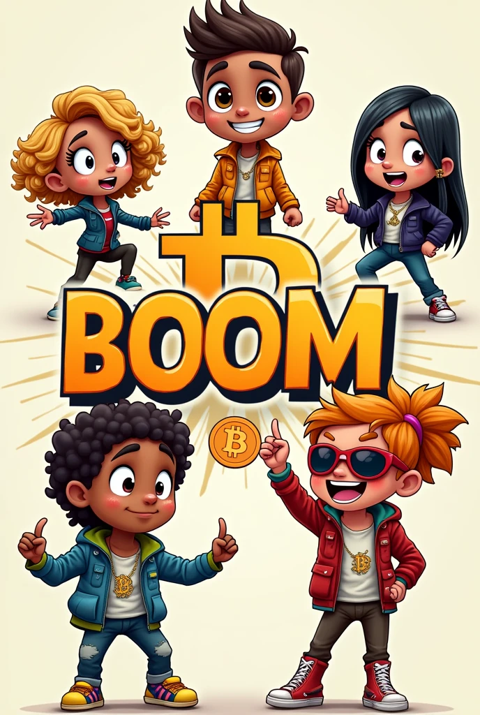 Creat a cartoons like 5 of them wearing cloth wearing clothes written Boom with a bitcoin logo please add bitcoin logo
