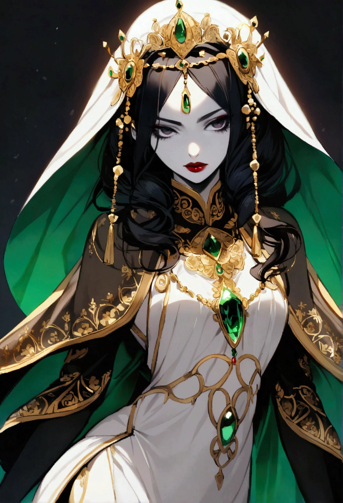 dressed in an elegant Ottoman tunic, made of fine silk and gold embroidery that contrasts with her pale skin. Her black hair would be adorned with delicate chiffon veils and jewels., perhaps a tiara decorated with precious stones such as rubies and emeralds, symbolizing their status and power. His dark eyes, Although they maintain their intensity, could be highlighted with subtle kohl makeup, giving it a more enigmatic and exotic air. Her red lips would remain the focal point of her face., a reminder of its dangerous and thirsty.