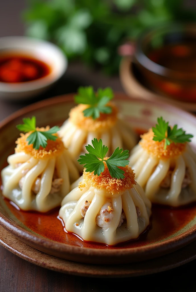 A plate of delicious Thai steamed dumplings (Kanom Jeeb) with a golden-brown crispy bottom, garnished with fresh coriander and served with a side of soy sauce and chili dipping sauce. The dumplings are filled with a mixture of minced pork, shrimp, and water chestnuts, and are beautifully arranged on a traditional Thai ceramic plate.,32k, --ar16:9--