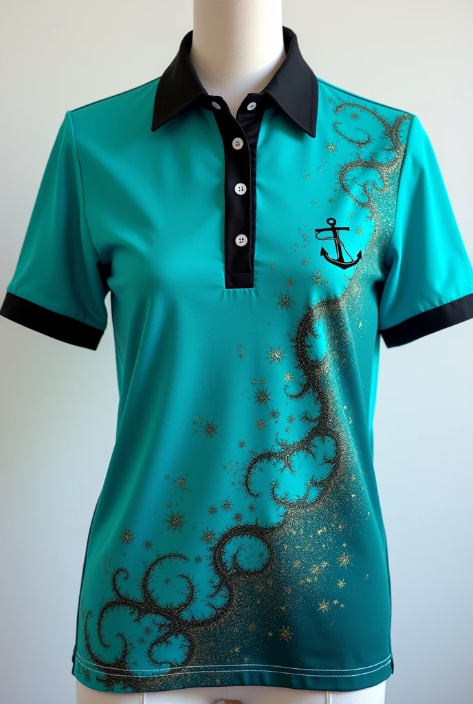 An eye catching turquoise blue and black short sleeved shirt with dust like green turquoise patterns and a tiny anchor on the left side