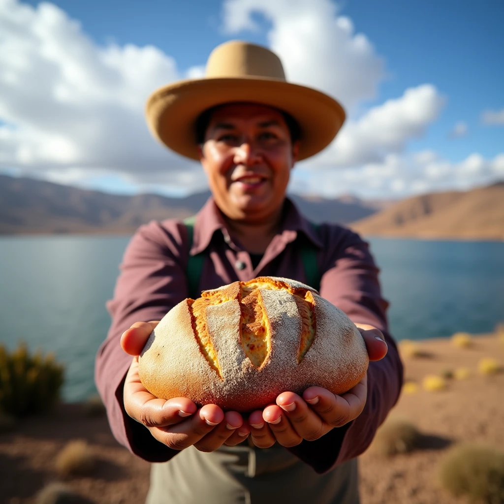 Artisanal bread from Puno in Peru for social networks image with the background of Lake Titicaca, baker with chullo from the Altiplano indigenous region presenting bread, with cloudy and blue sky, sun