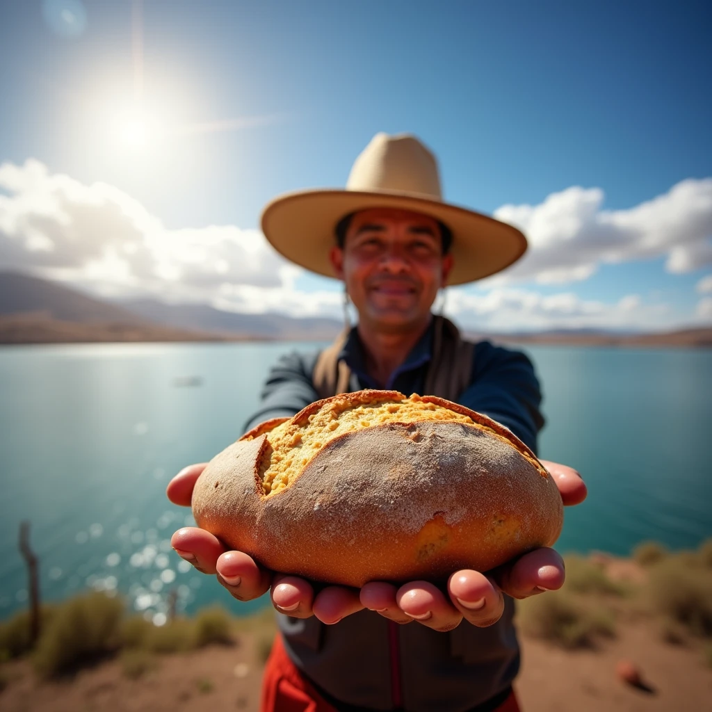 Artisanal bread from Puno in Peru for social networks image with the background of Lake Titicaca, baker with chullo from the Altiplano indigenous region presenting bread, with cloudy and blue sky, sun