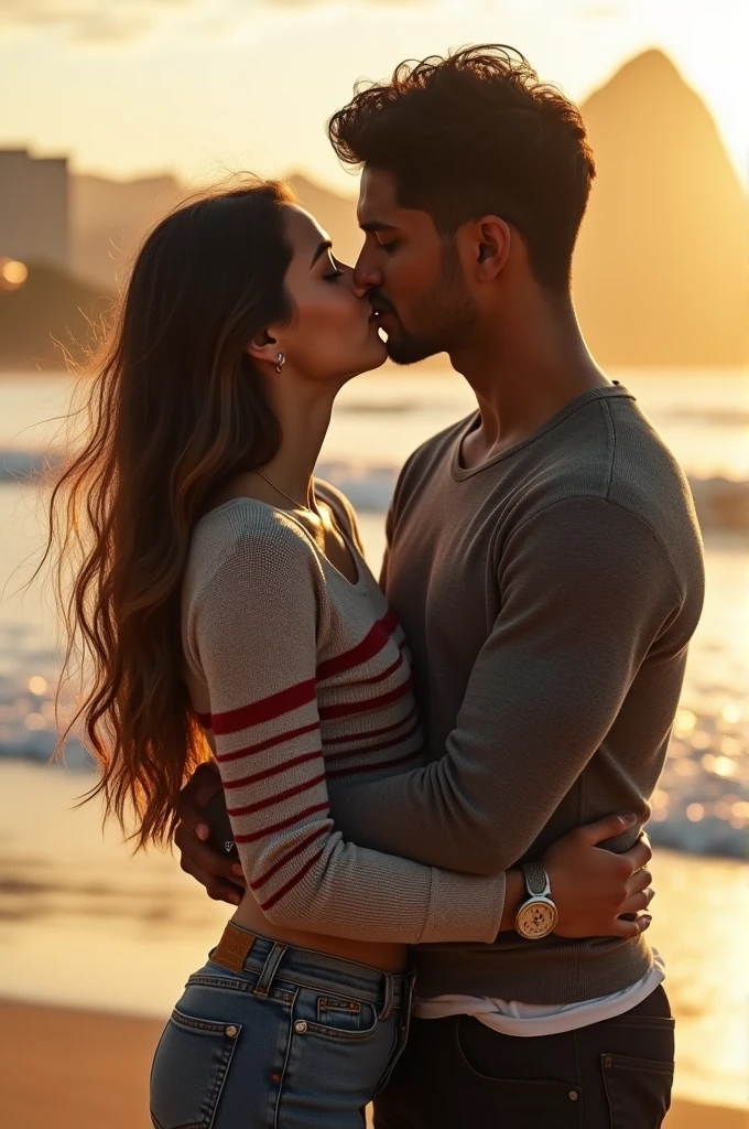 A girl with long light brown hair, wearing a striped long sleeve sweater, the blouse is gray with red stripes.
She is kissing an Indian boy, with short black hair, the boy is strong and they are on a beach in Rio de Janeiro 