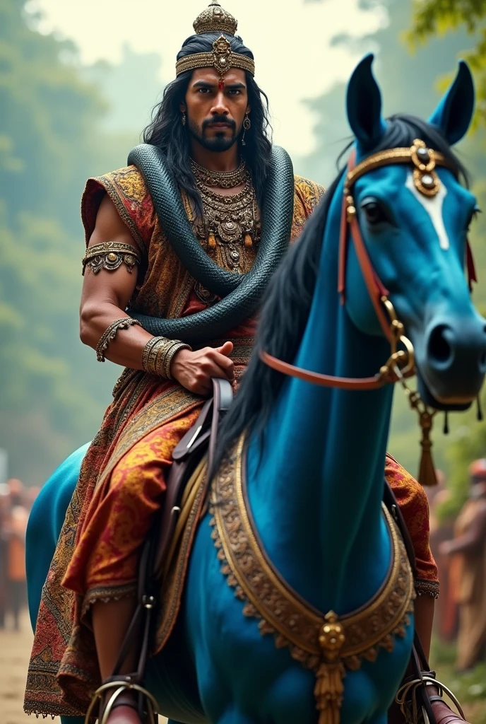 Indian mid age charming king having black snake around his neck and riding on blue horse