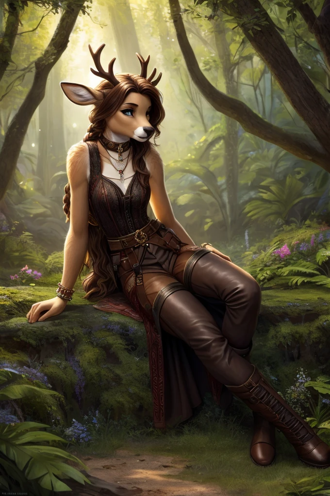Beautiful, anthro deer girl, perfect lighting, highly detailed CG Unity 8k wallpaper, high resolution, perfect lighting, youthful, tall, slim, skinny, frail slender figure, slim legs, distinctly feminine figure, narrow hips, long legs, close-up shot.
Species: A graceful white-tailed deer.
Hair Color: Soft chestnut brown with creamy highlights.
Hair Style: Wavy and tousled, styled in a loose side braid that drapes over her shoulder.
Eye Color: Soft, hazel brown, warm and inviting.
Fur Color and Pattern: Pure white with light brown spots scattered across her back and hips, blending into a smooth, velvety texture.
Clothing:
Top: A fitted, sleeveless leather vest in a rich, forest green with intricate leaf embroidery. The vest has a high, asymmetrical collar and ties with thin, adjustable straps.
Pants: Soft, tan cargo pants with multiple pockets and subtle stitching patterns, allowing for ease of movement.
Leggings: She wears sheer, ivory-colored leggings that extend from her thighs to her hooves, adding a delicate touch.
Boots: Knee-high, lace-up leather boots in deep brown with brass buckles and decorative fringe along the top.
Accessories: A wide, braided belt with small pouches attached, holding various tools. She has a silver armband on her left upper arm and a necklace with a small, carved antler pendant. Her right hand is adorned with several thin silver rings.
Pose: Reclining gracefully on her side, propped up on one elbow with her legs elegantly extended. Her other arm rests across her stomach, and her head is turned slightly, gazing thoughtfully into the distance.
Expression: A serene and contemplative look, with a gentle smile that hints at a sense of inner peace.
Activity: Resting comfortably, as if taking a brief respite while observing the surroundings with quiet curiosity.
Background: A serene woodland glade bathed in soft, dappled sunlight filtering through the canopy above. Lush ferns and wildflowers surround her, and the