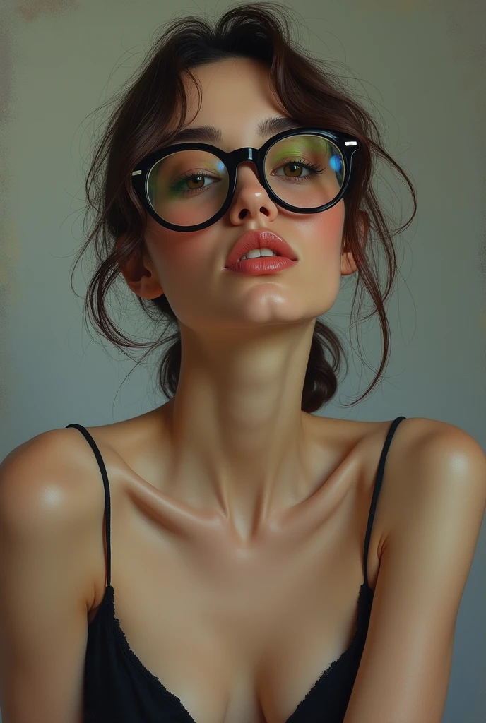 Beautiful young woman wearing half-rimmed glasses (RAW photo:1.2，tmasterpiece，Need，best qualtiy，finedetail，Foto realism:1.2)，female focus, delicated face，silky short hair，delicate black eyes，Fine fine skin ， sexy for，slim toned body，鎖骨，cropped shoulders，Bigboobs，cleavage， (Sleeveless crewneck white T-shirt，see through clothes)， ，looks into camera，legs are open，shooting from below，Portrait photo， Realistic light、Realistic shadows，parks