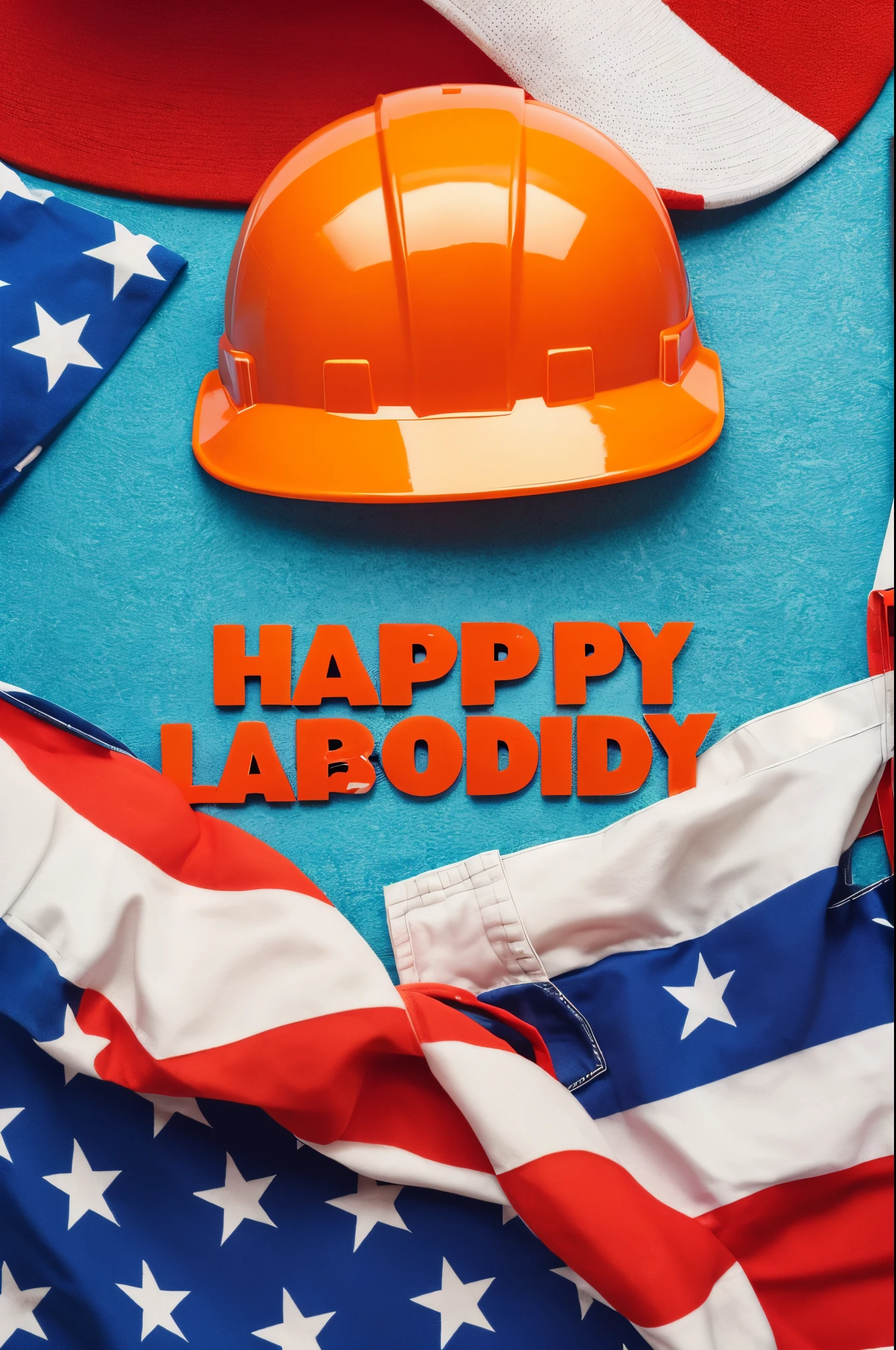 Design a Labor Day poster featuring a bright orange hard hat, with the text 'Happy Labor Day' prominently displayed alongside symbols of tools, set against a backdrop of the American flag