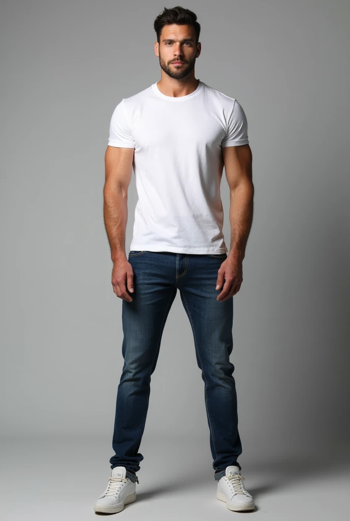 handsome man, standing straight facing forward, with white t-shirt, denim jeans pants, on a grey background, cotton t-shirt texture, fitted t-shirt, round neck, striped tights. Medium camera shot.