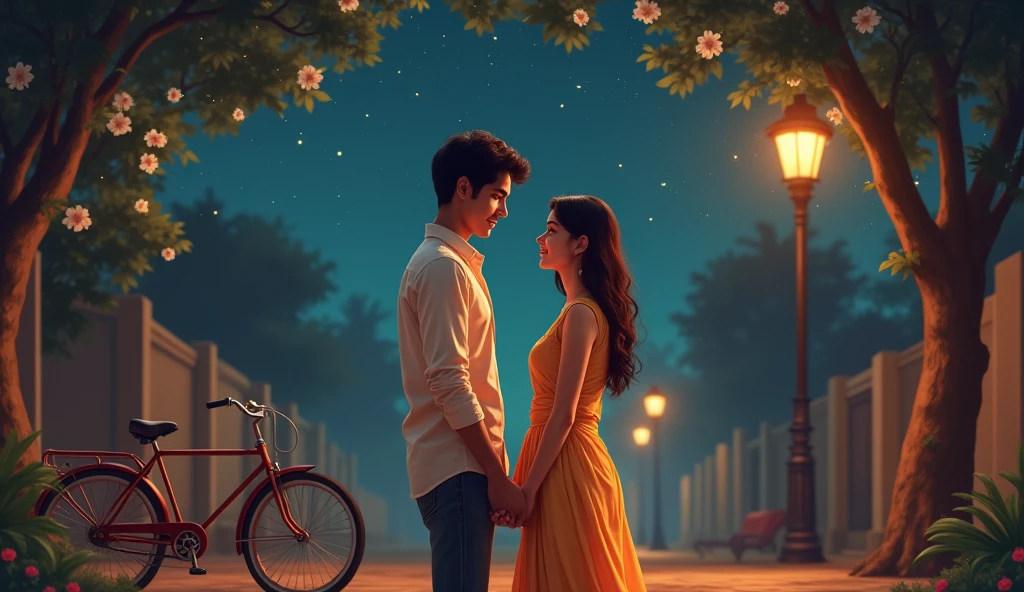 Here’s a detailed image prompt based on the song “Tumhe Dekha Toh”:
"Create a romantic scene set in the 90s era, featuring a young couple in love. They are standing on a quiet street at night, illuminated by soft, warm streetlights. The man is gently holding the woman's hands, looking into her eyes with a loving expression. The woman, wearing a traditional salwar kameez, blushes as she looks down shyly. Around them, the night air is filled with the fragrance of blooming flowers, and a slight breeze gently moves their clothes and hair. In the background, there’s a vintage bicycle leaning against a tree, with a clear starry sky above, symbolizing the simplicity and purity of their love."
This prompt should evoke the nostalgic, romantic atmosphere of 90s Bollywood.