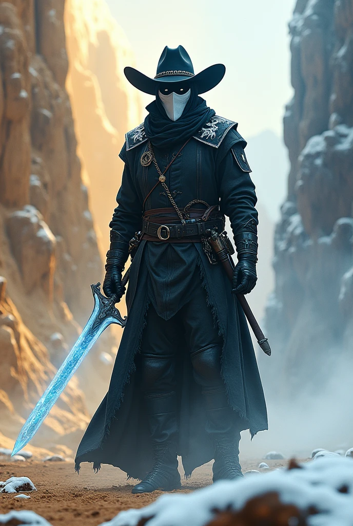A Hunter in dark clothes (above all) and details with white dragons, a white cloth mask that covers half of the face on his face and a black cowboy hat. He holds an ice sword and he is between two biomes, a desert of sand and a desert of snow