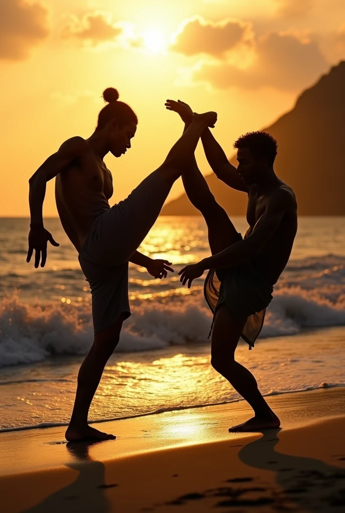 creates the silhouette of 2 capoeira players on the beach playing biretibal 