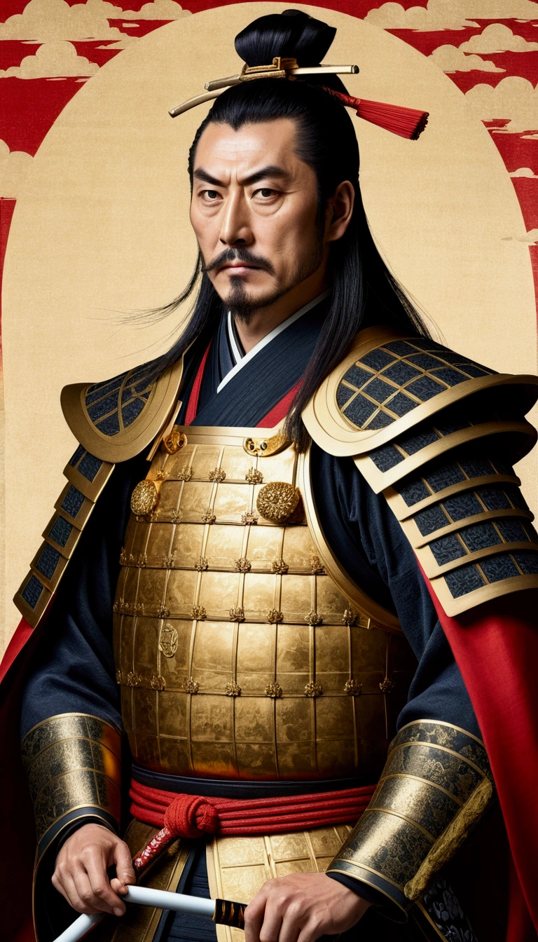 A portrait of Oda Nobunaga with historical background, Traditional Japanese Art Style, showing its powerful and imposing presence.
