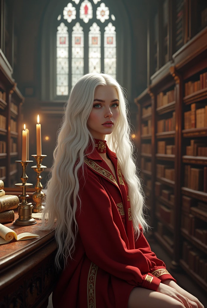 Billie Elish long white hair in Hogwarts uniform house gryffindor ,inside a magic library   ,realist,ultra realistra ,ultra HD ,ultra 8k 