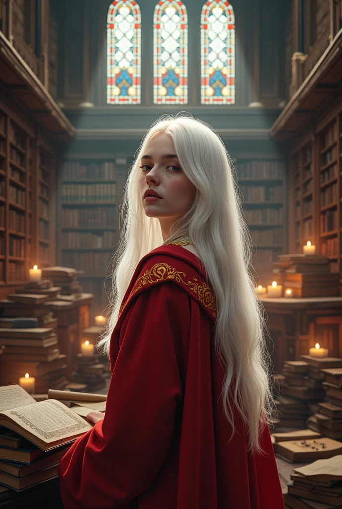 Billie Elish long white hair in Hogwarts uniform house gryffindor ,inside a magic library   ,realist,ultra realistra ,ultra HD ,ultra 8k 