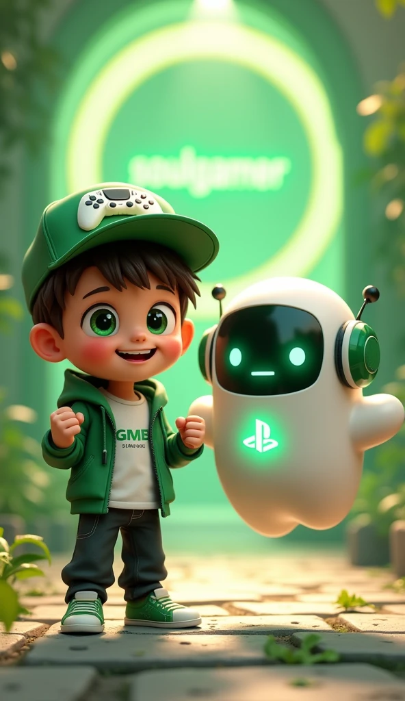 Create two characters that interact with each other. The two characters are friends through many adventures.
Character 1: Boy approximately 1 . He is tall. His facial expression is friendly and smiling., with big green eyes that convey a sense of curiosity and joy. your hair is short, brown in color and slightly disheveled, visible under the CAP. His cap is green and has a Playstation 5 controller printed on the front.. He wears a white T-shirt under a hooded jacket and matching cap.. The jacket has the word "Soulgamer" written visibly at chest height. He wears loose black pants that fit comfortably over green sneakers that match his jacket and cap., with white shoelaces tied tightly. Character 1 is standing with the fist of one of his hands clenched while the fist of his other hand is raised as if he is celebrating..
Character 2: Medium-sized robot mascot with ghost-like appearance. Resembling a drop. On his hands he has five well-defined fingers. His facial expression has large, green eyes with a glow, conveying a friendly and cheerful expression. He has a small open mouth with a happy smile and flushed cheeks.. Its body is white with small green details and a smooth, slightly shiny texture.. He has a headset on his head with an adjustable microphone positioned close to his mouth.. And on his chest you can see the illuminated shape of a Playstation 5 controller in fluorescent green.. It floats in the air, as if he were ready for an adventure.
The scene consists of a stone road with plants on the side and behind the characters you can see a portal where the word is written "Soul Gamer"