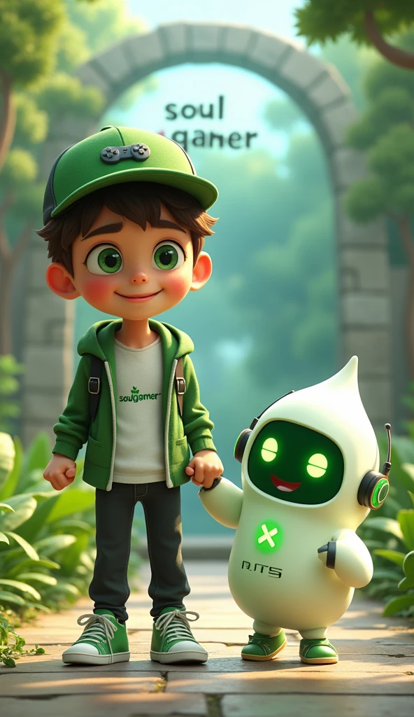 Create two characters that interact with each other. The two characters are friends through many adventures.
Character 1: Boy approximately 1 . He is tall. His facial expression is friendly and smiling., with big green eyes that convey a sense of curiosity and joy. your hair is short, brown in color and slightly disheveled, visible under the CAP. His cap is green and has a Playstation 5 controller printed on the front.. He wears a white T-shirt under a hooded jacket and matching cap.. The jacket has the word "Soulgamer" written visibly at chest height. He wears loose black pants that fit comfortably over green sneakers that match his jacket and cap., with white shoelaces tied tightly. Character 1 is standing with the fist of one of his hands clenched while the fist of his other hand is raised as if he is celebrating..
Character 2: Medium-sized robot mascot with ghost-like appearance. Resembling a drop. On his hands he has five well-defined fingers. His facial expression has large, green eyes with a glow, conveying a friendly and cheerful expression. He has a small open mouth with a happy smile and flushed cheeks.. Its body is white with small green details and a smooth, slightly shiny texture.. He has a headset on his head with an adjustable microphone positioned close to his mouth.. And on his chest you can see the illuminated shape of a Playstation 5 controller in fluorescent green.. It floats in the air, as if he were ready for an adventure.
The scene consists of a stone road with plants on the side and behind the characters you can see a portal where the word is written "Soul Gamer"