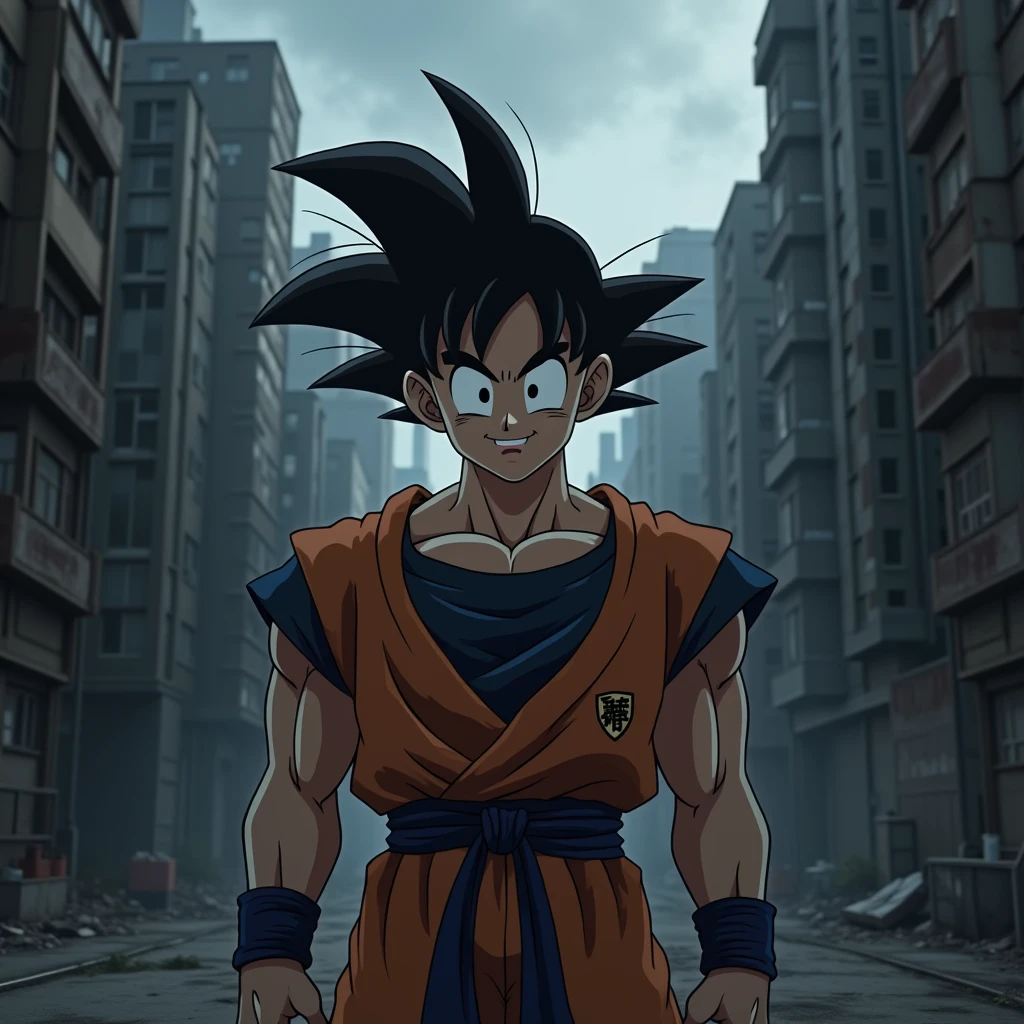 Draw Goku smiling at the viewer in a dark and gloomy city