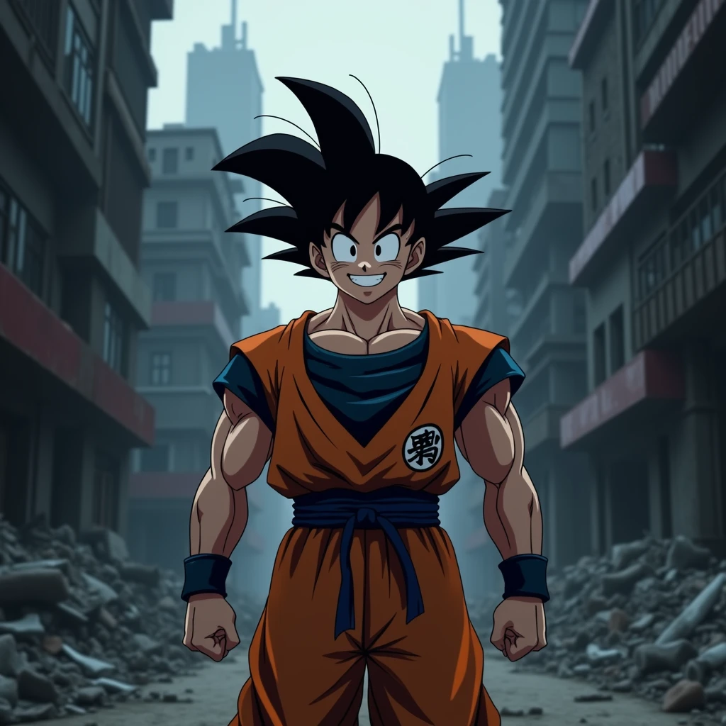 Draw Goku smiling at the viewer in a dark and gloomy city