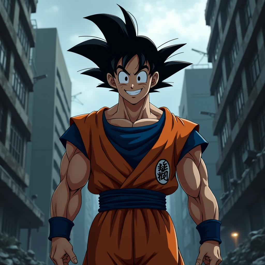 Draw Goku smiling at the viewer in a dark and gloomy city